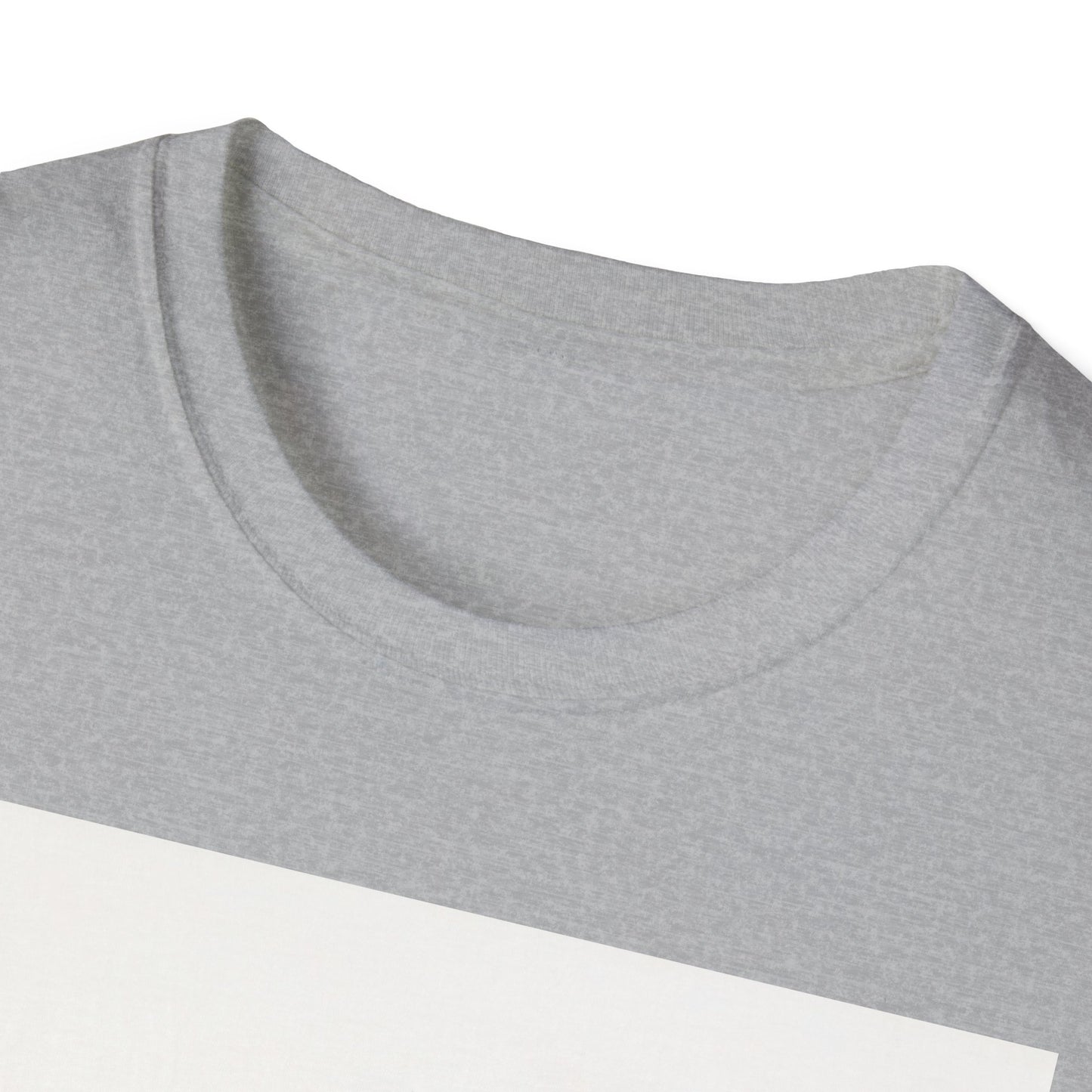 Close-up of light gray heather crew neck T-shirt fabric and curved neckline.