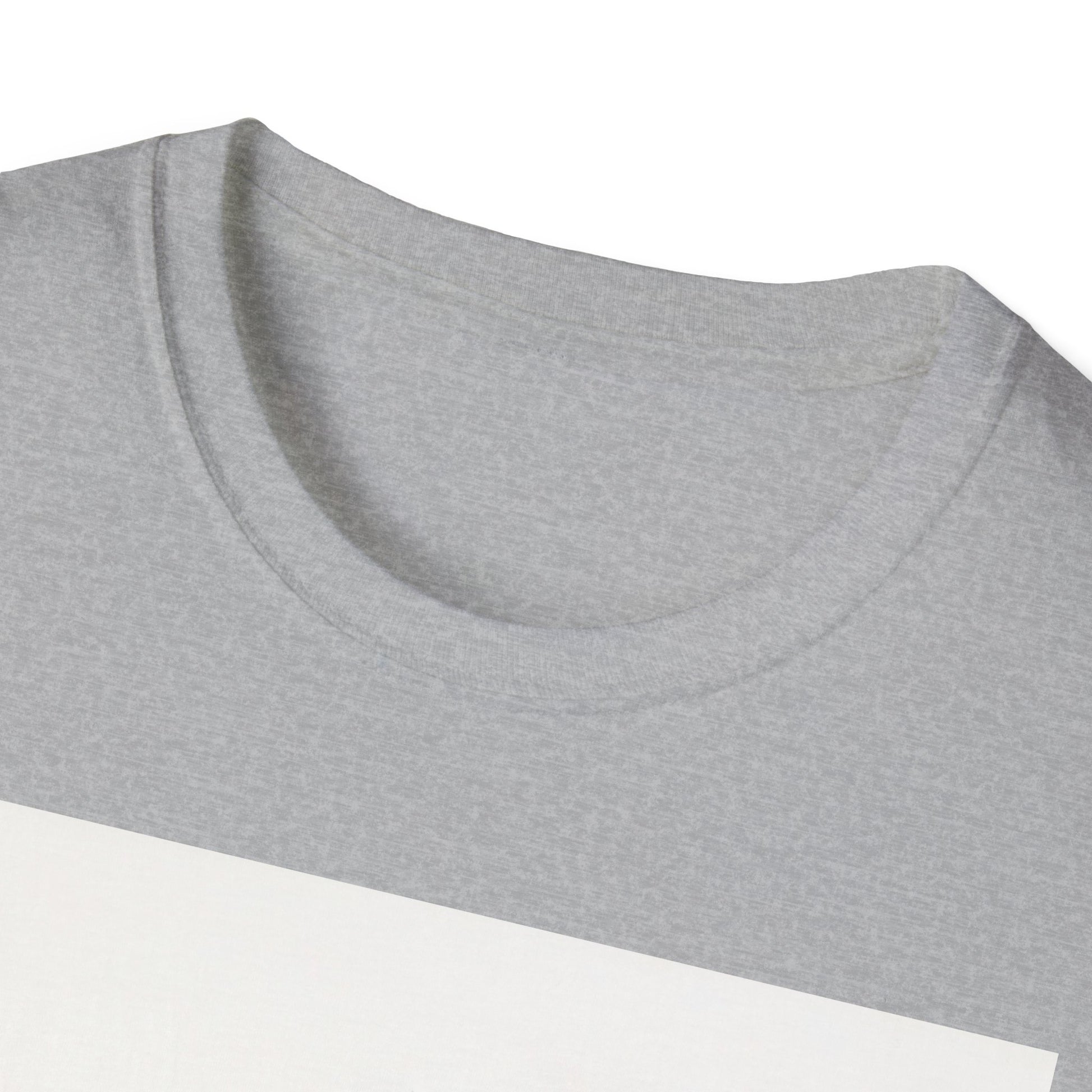 Close-up of light gray heather crew neck T-shirt fabric and curved neckline.