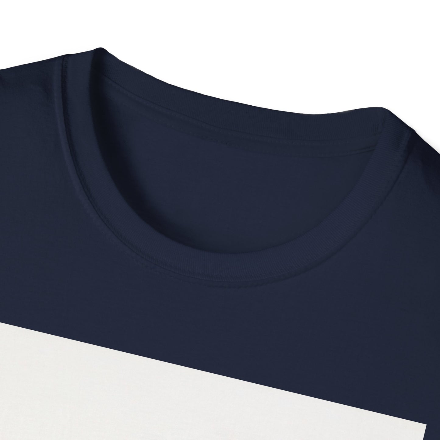Close-up of a dark navy blue crew-neck T-shirt collar and upper chest fabric.