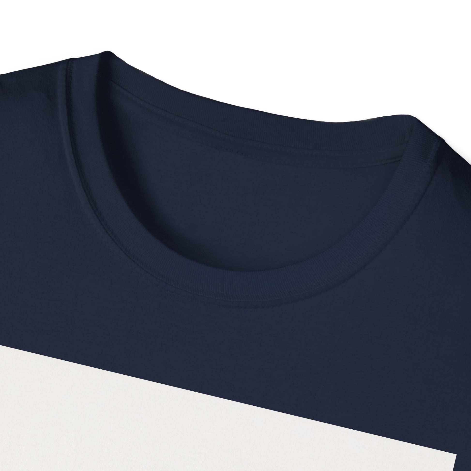 Close-up of a dark navy blue crew-neck T-shirt collar and upper chest fabric.