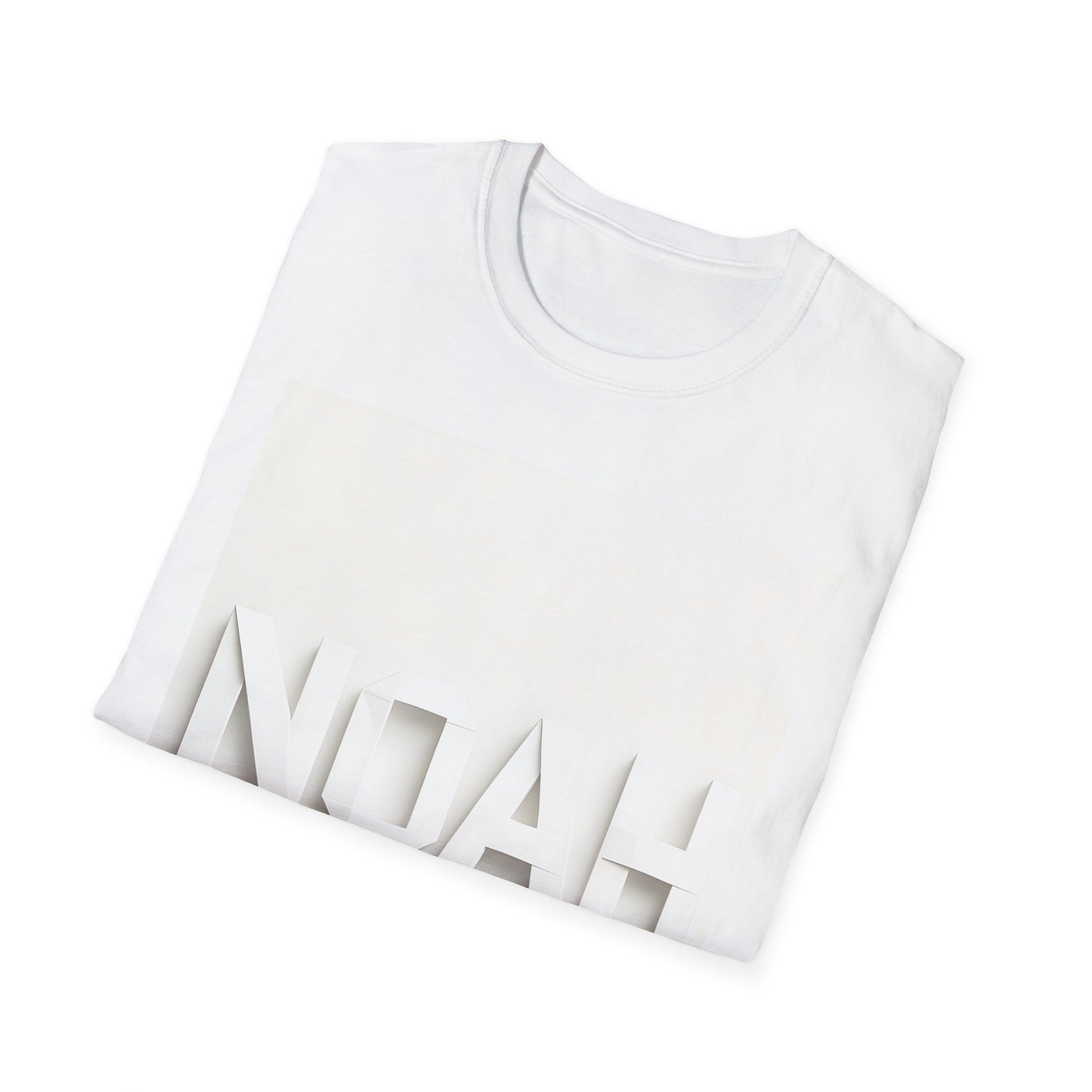 White crewneck T-shirt with a large pale beige rectangular graphic across the chest and white 3D block letters along the bottom edge.