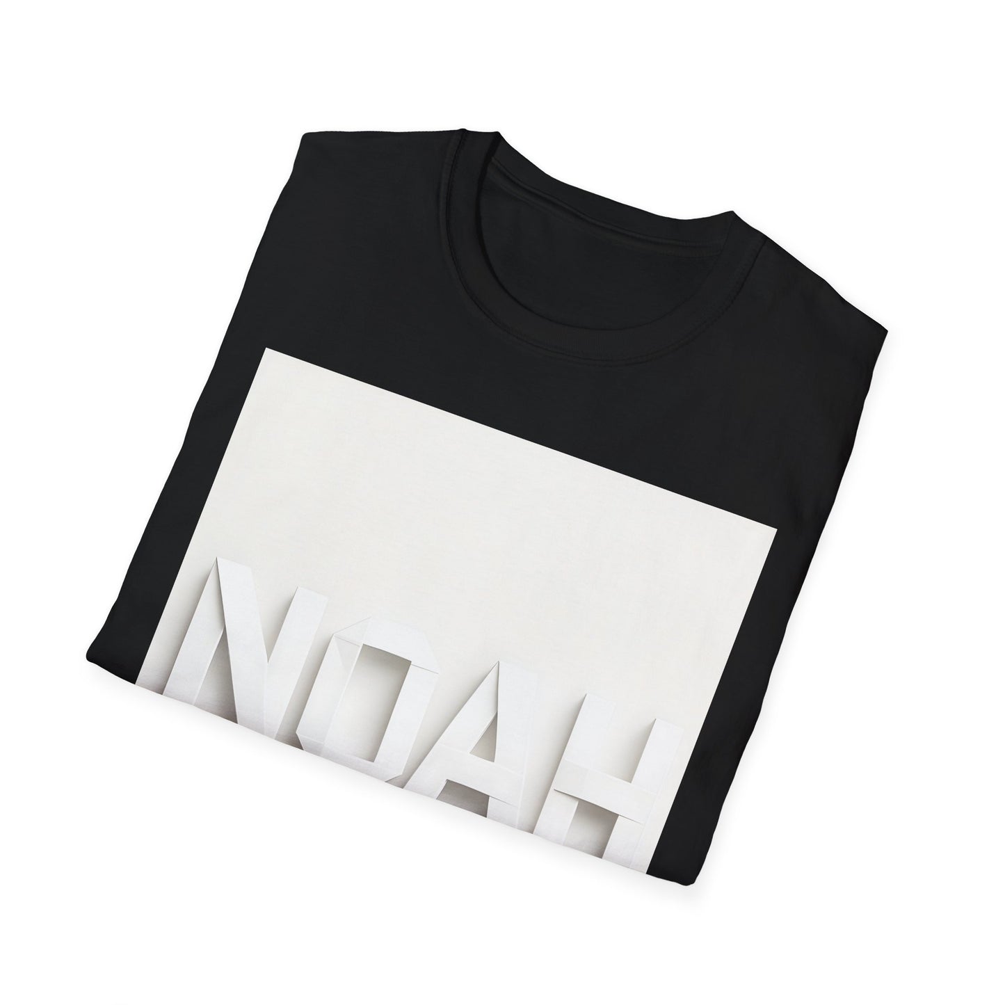 Folded black T-shirt with a large white rectangle graphic and white 3D letters spelling NOAH.
