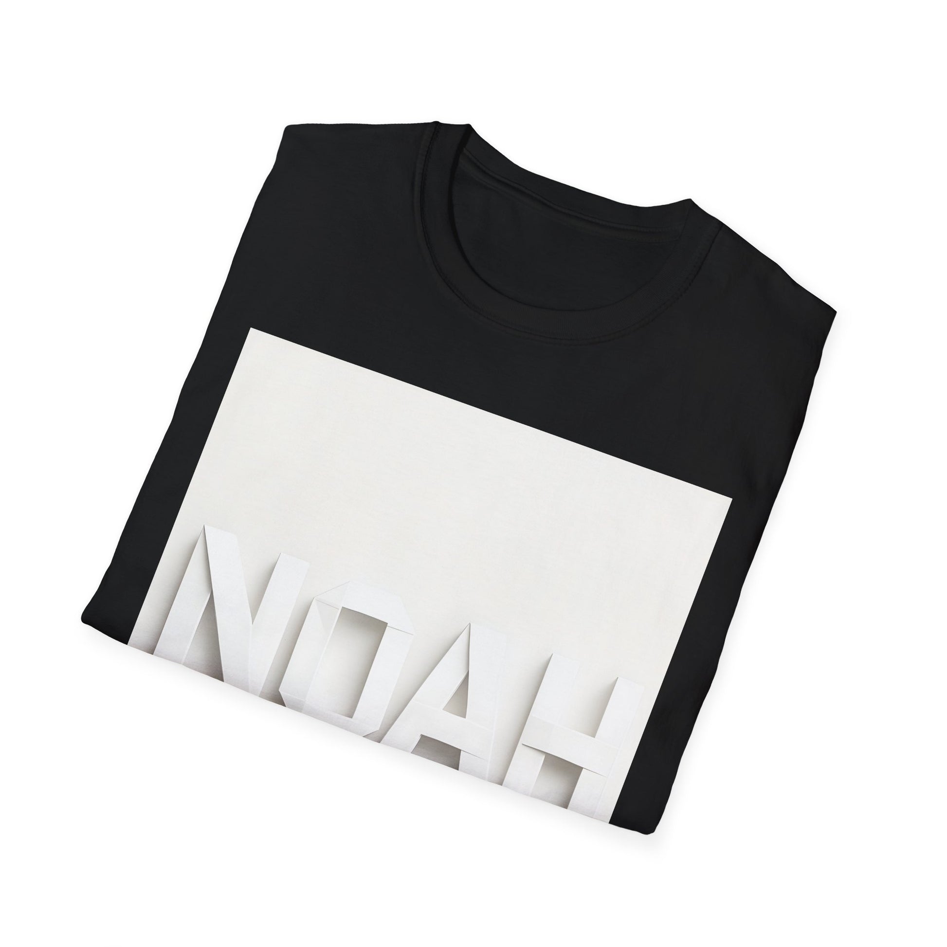 Folded black T-shirt with a large white rectangle graphic and white 3D letters spelling NOAH.