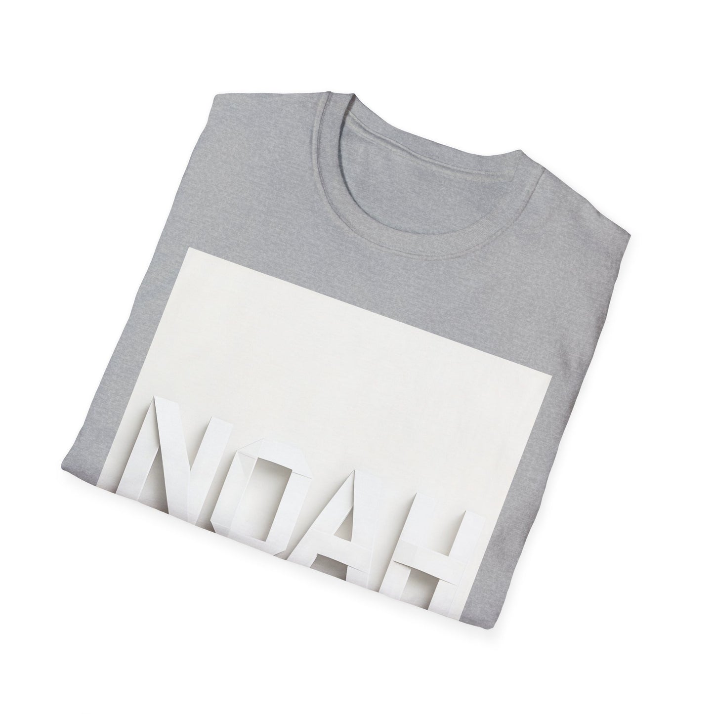 Folded light gray crewneck T-shirt with a large white rectangle graphic and white block letters protruding from the bottom edge.