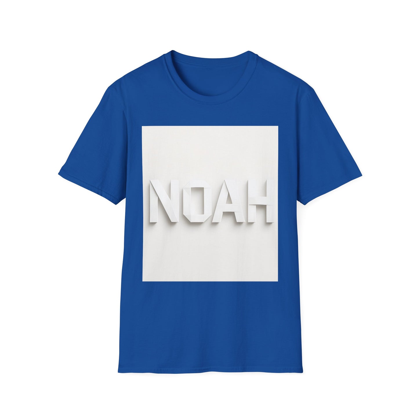Blue short-sleeve T-shirt with a large white square on the chest and the 3D white letters NOAH across it.