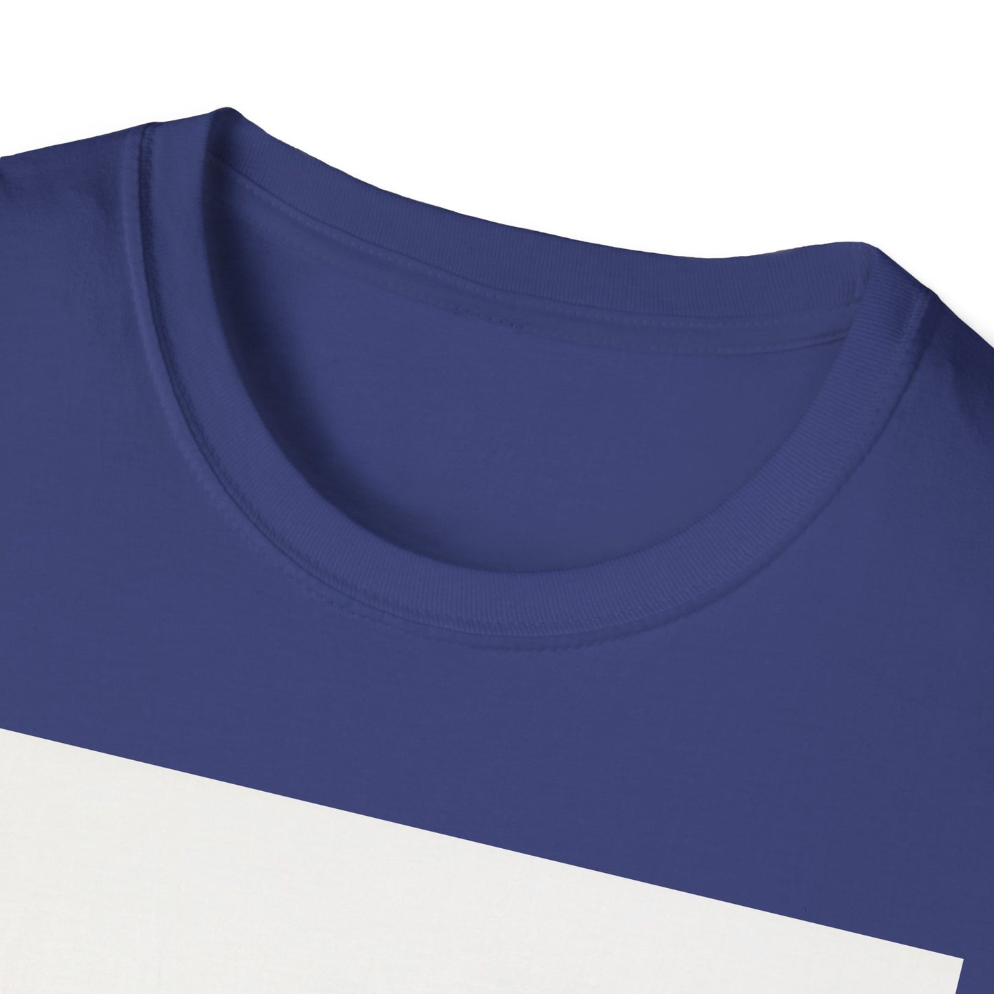 Close-up of a royal blue crew-neck T-shirt, focusing on the ribbed collar and upper chest area.