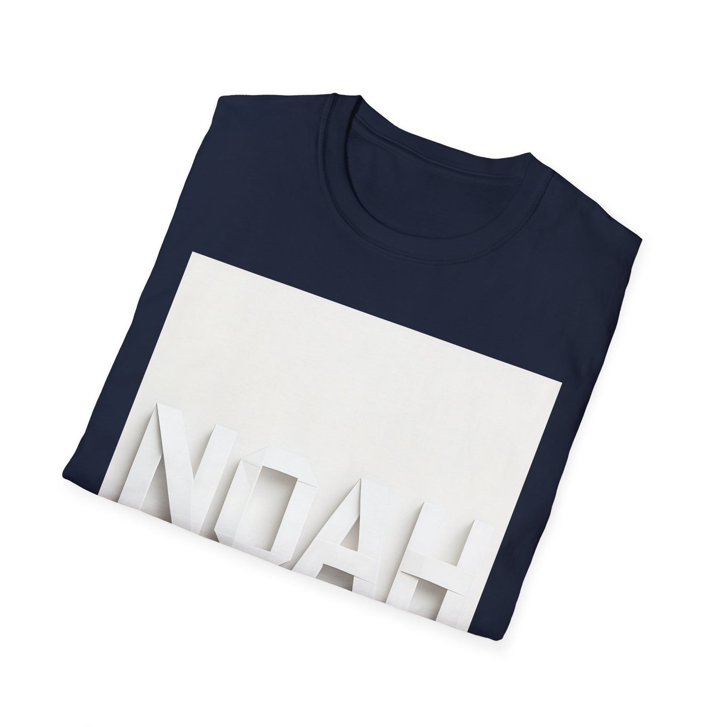 Navy short-sleeve T-shirt folded, featuring a large white rectangle graphic and white raised letters spelling NOAH at the bottom.