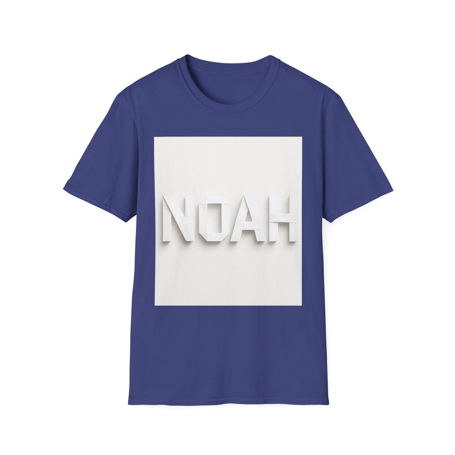 Blue short-sleeve T-shirt with a white square graphic and raised white "NOAH" lettering.