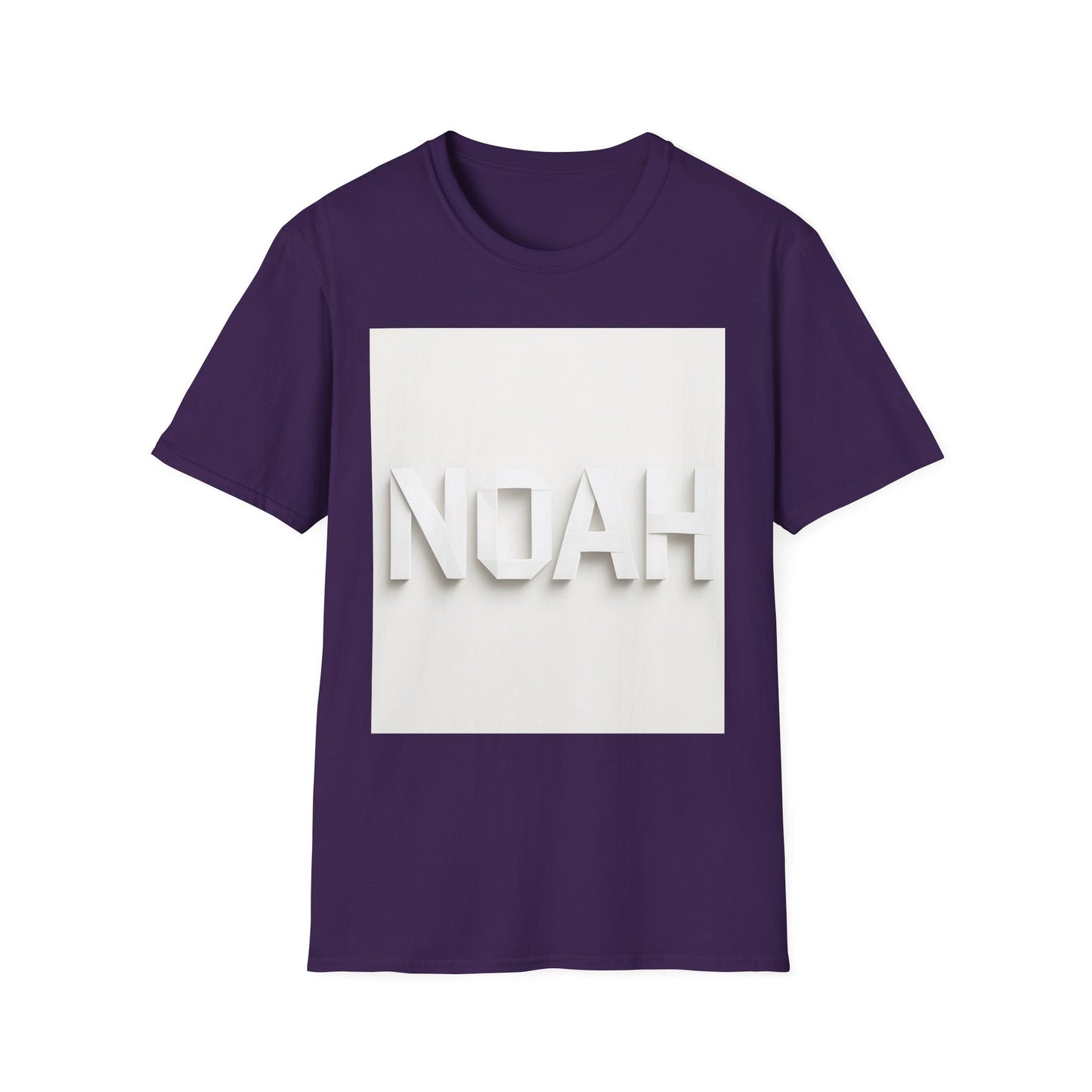 Purple T-shirt with a white square graphic featuring 3D white letters spelling NOAH.