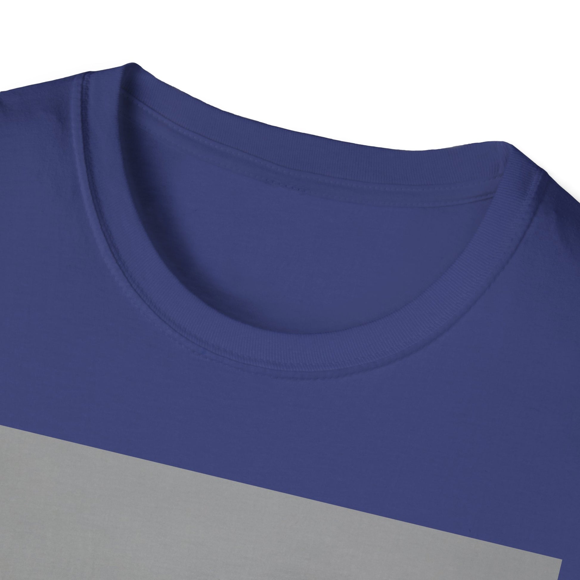Close-up of a blue crew-neck t-shirt with a light gray diagonal color block across the chest.
