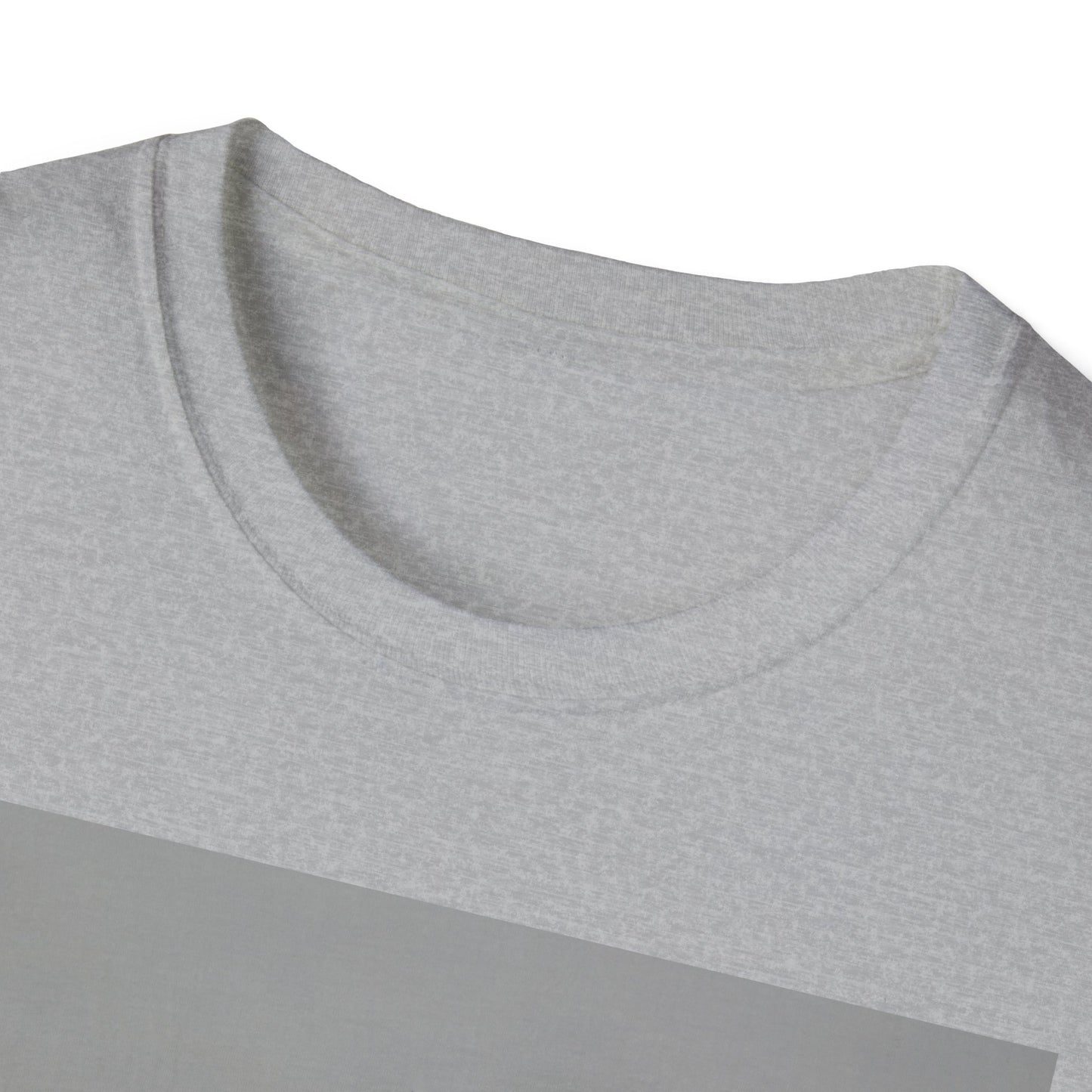Close-up of a light gray heather crew neck T-shirt with a darker gray diagonal panel.