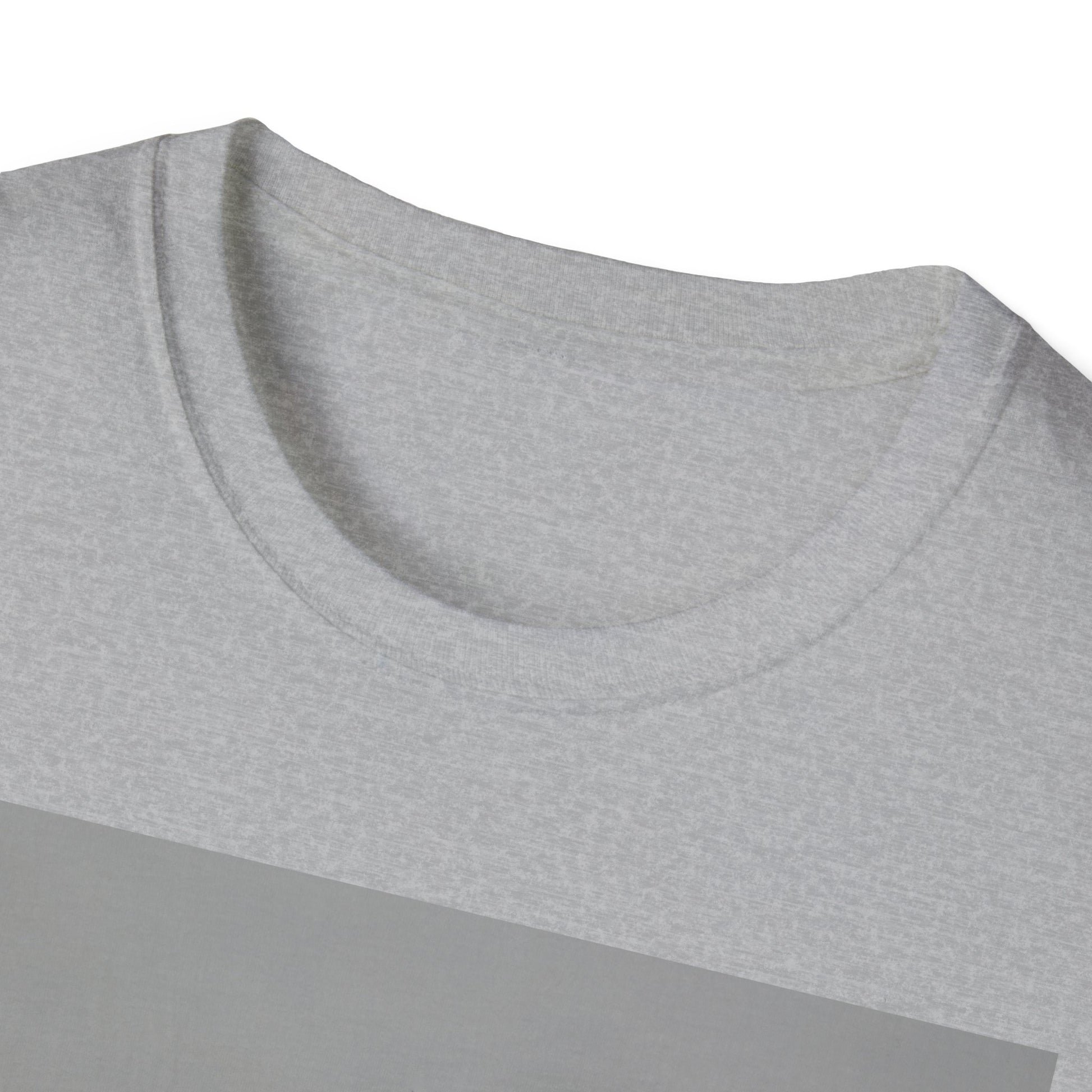 Close-up of a light gray heather crew neck T-shirt with a darker gray diagonal panel.