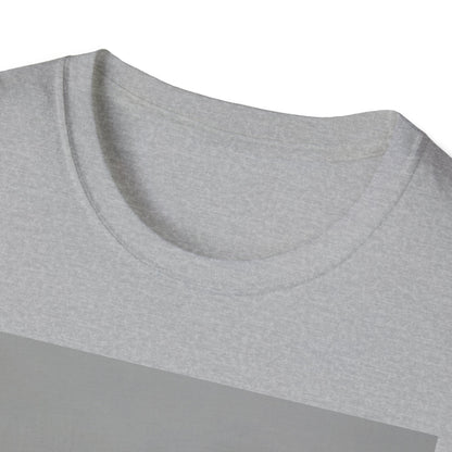 Close-up of a light gray heather crew neck T-shirt with a darker gray diagonal panel.