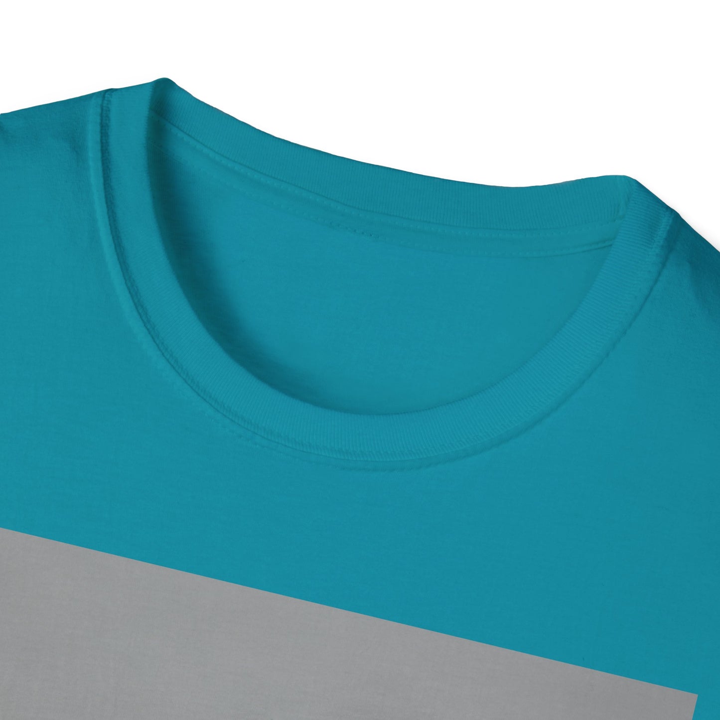 Close-up of a turquoise crew-neck T-shirt with a light gray diagonal color-block panel.