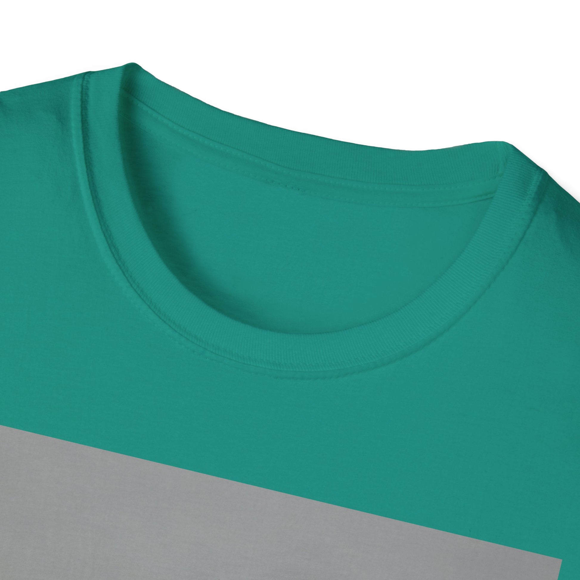 Close-up of a teal crewneck T-shirt with a light gray diagonal color-block panel.