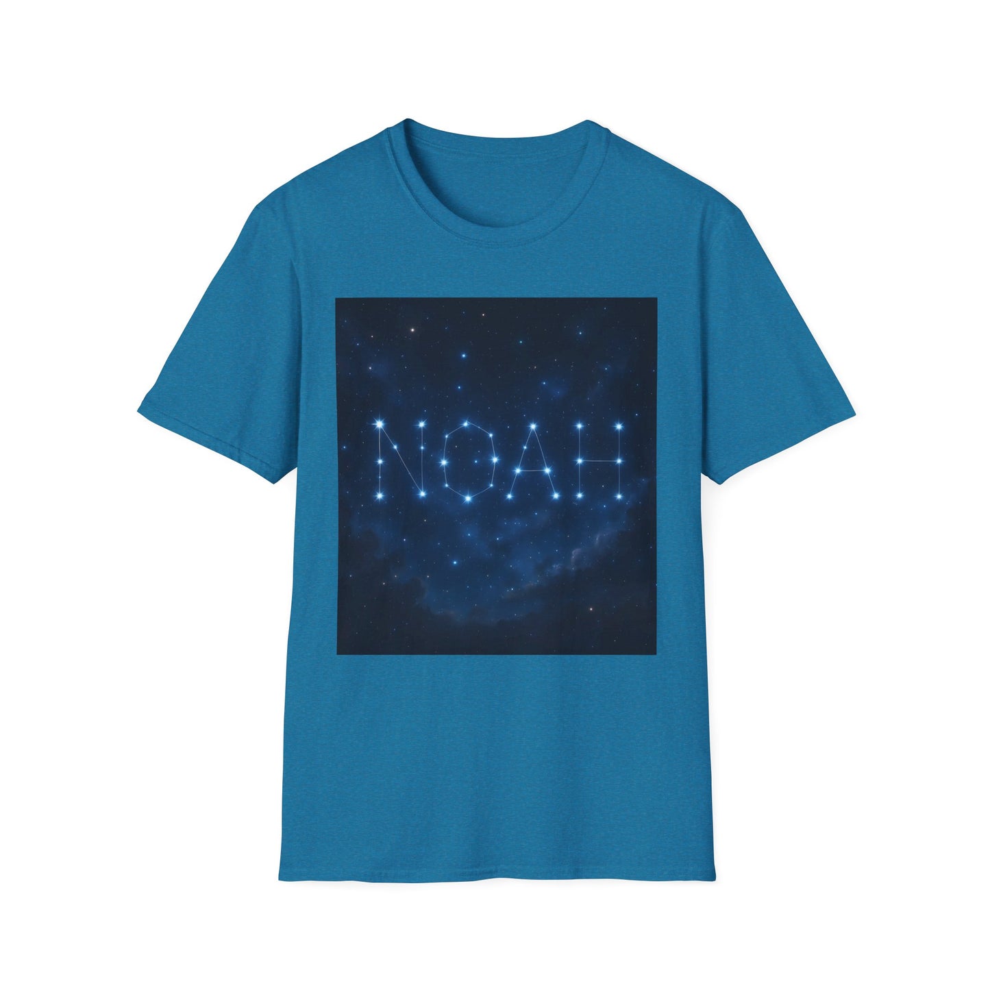 Blue t-shirt with a square graphic showing a starry night sky; the stars outline the word NOAH.