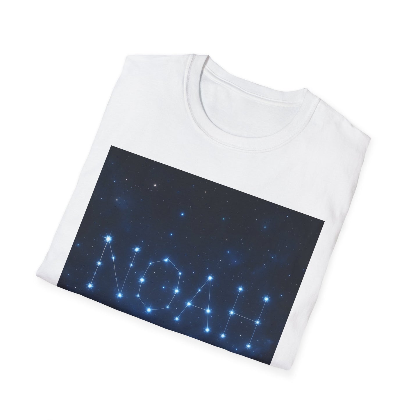 White crewneck T-shirt featuring a dark blue rectangle print with connected star constellations along the bottom.