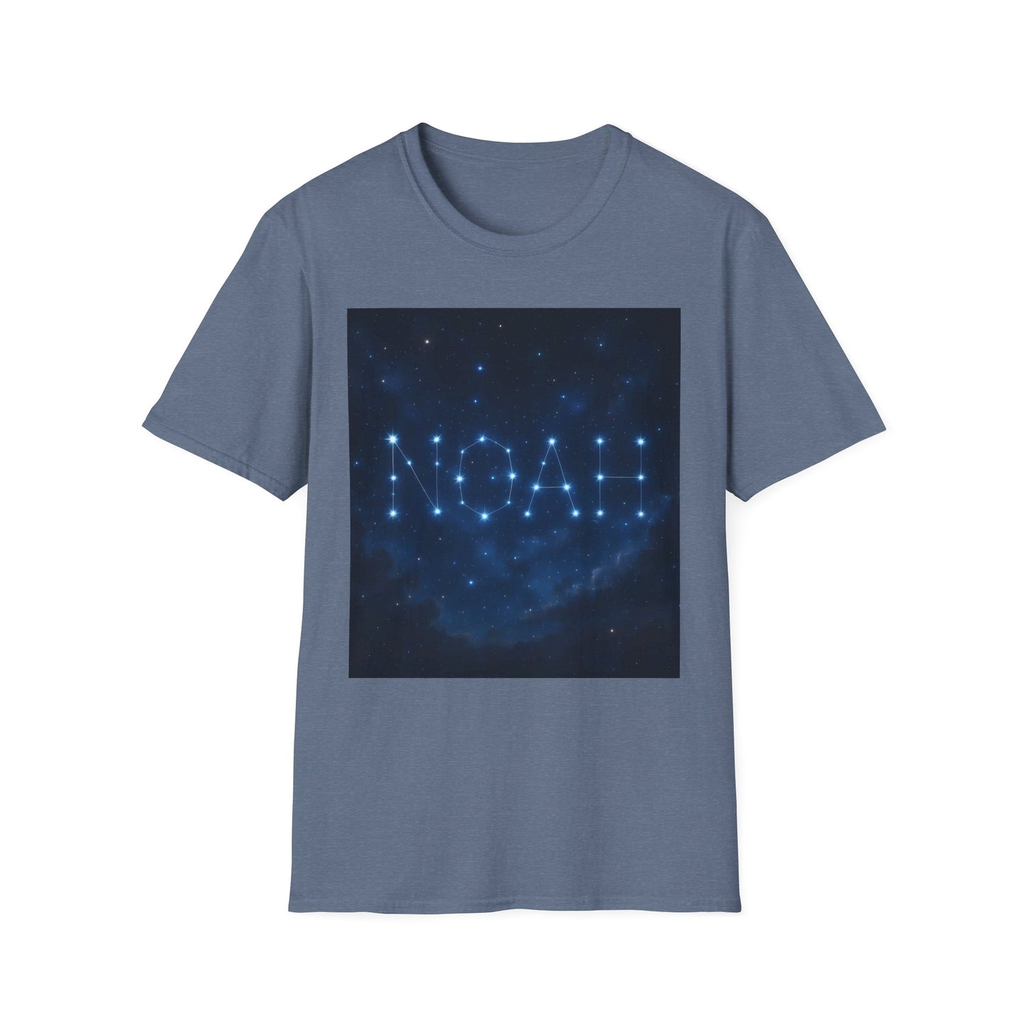 Blue T-shirt with a dark blue square print showing a starry night sky; the word NOAH is formed by connected stars.