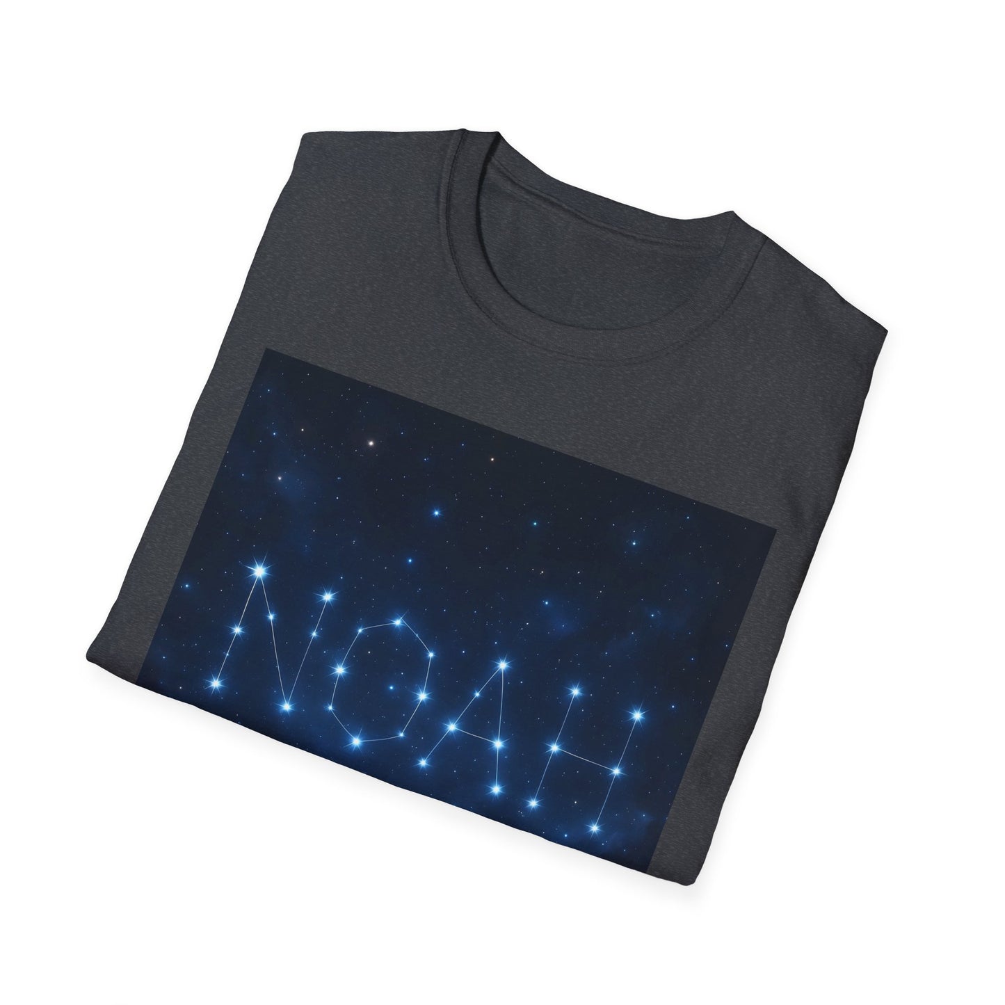 Dark gray heather short-sleeve T-shirt folded, with a blue rectangular night-sky graphic showing interconnected star constellations.