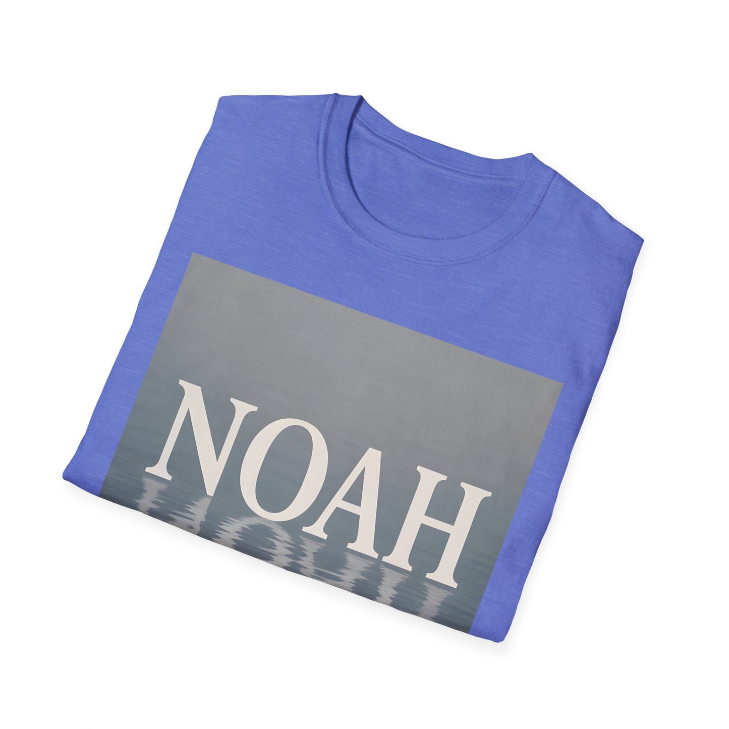 Blue crewneck T-shirt with a large grey rectangle graphic and the white word NOAH across the center, with a wavy water reflection at the