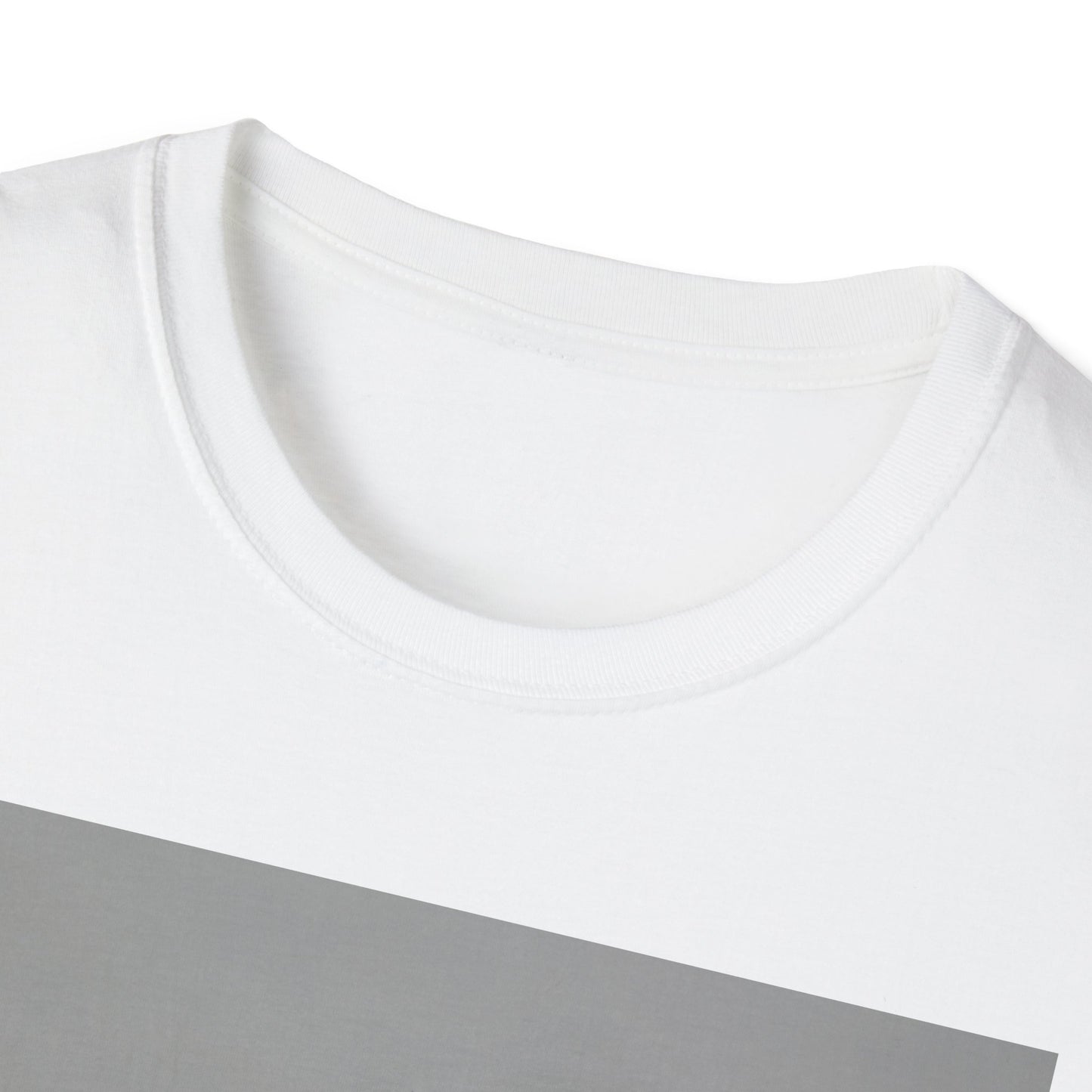 Close-up of a white crewneck T-shirt with a light gray diagonal stripe across the chest.