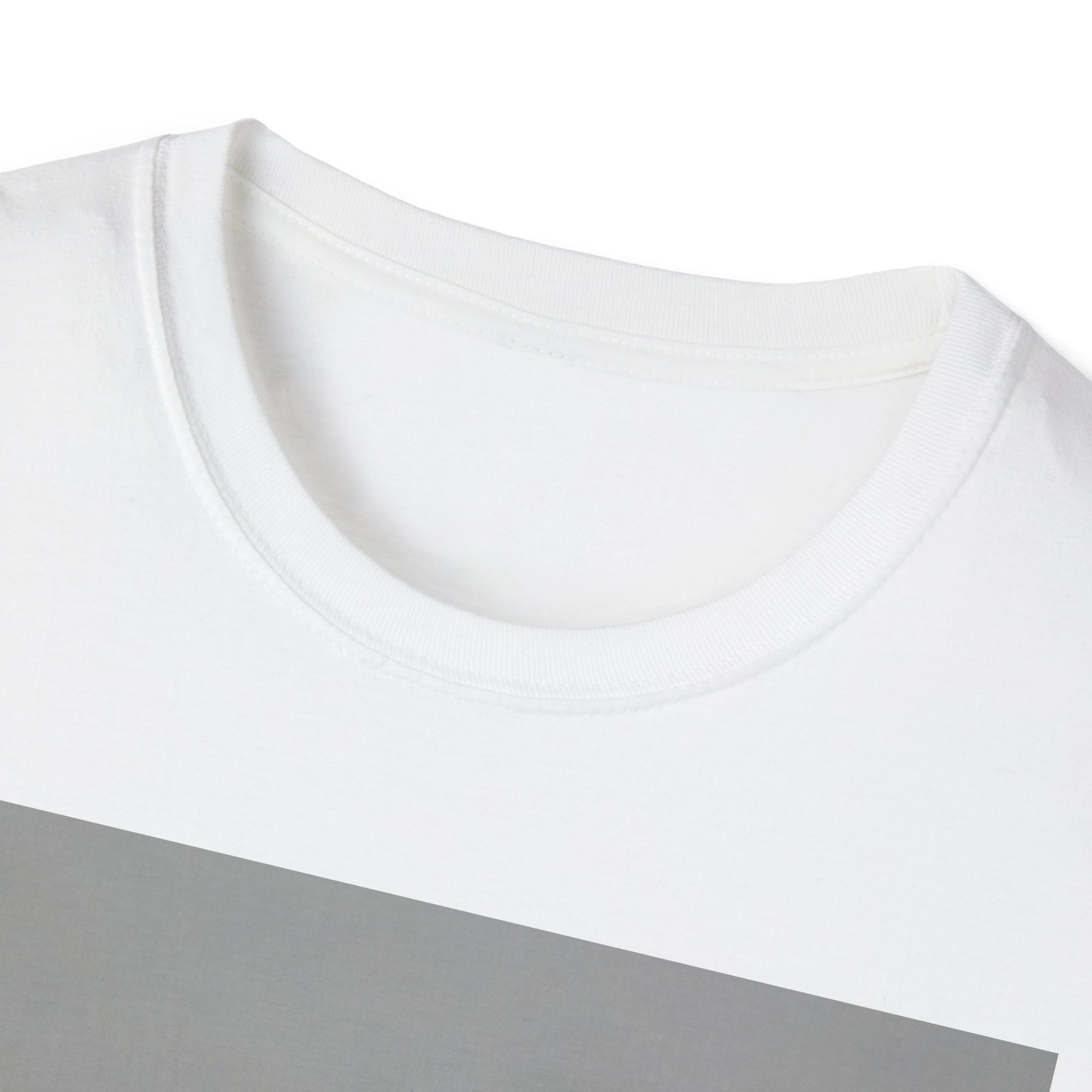 Close-up of a white crewneck T-shirt with a light gray diagonal stripe across the chest.
