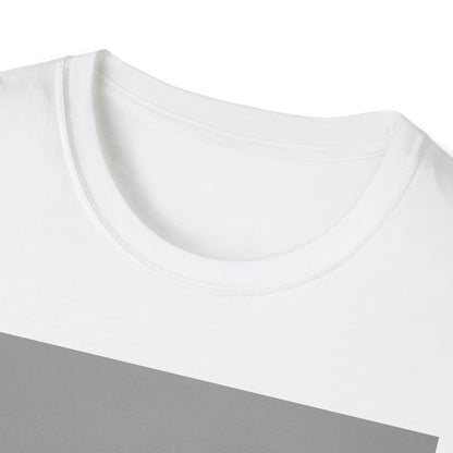 Close-up of a white crewneck T-shirt with a light gray diagonal stripe across the chest.