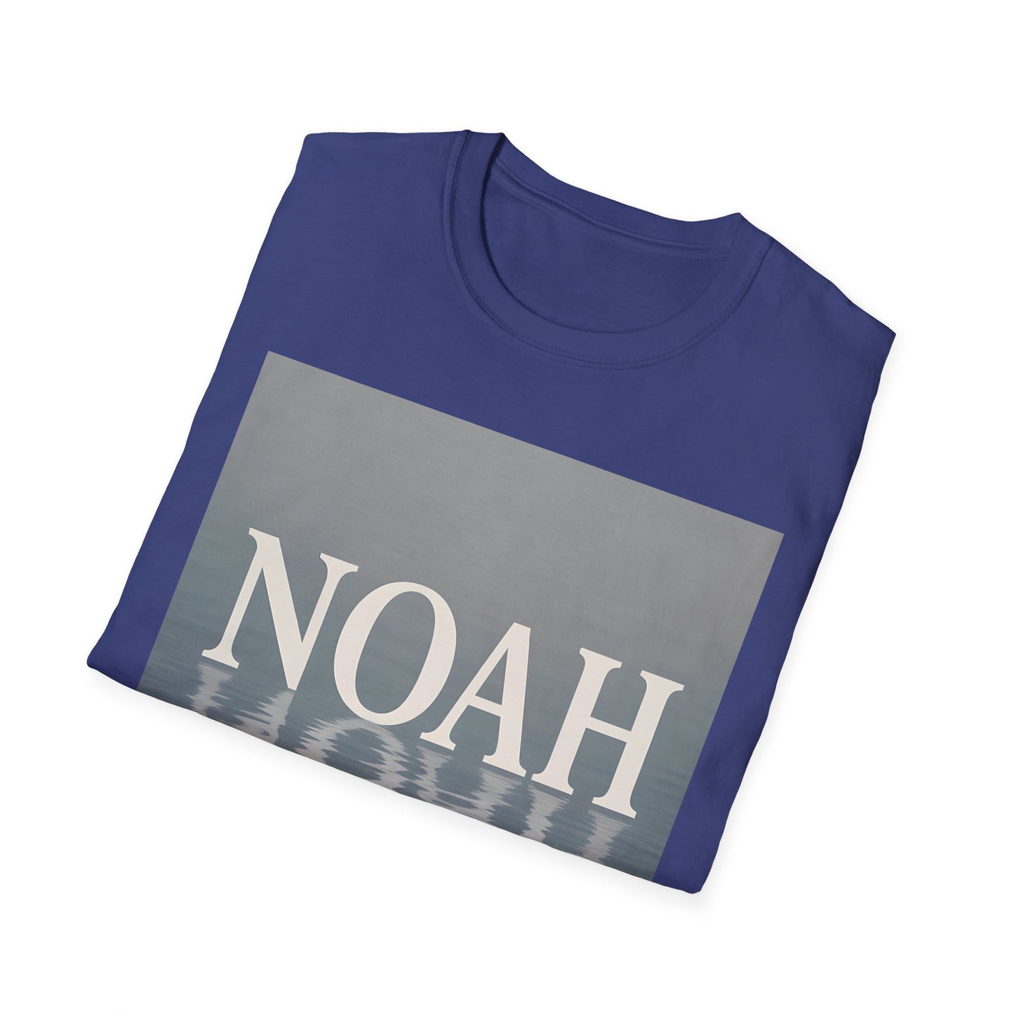 Blue short-sleeve crew-neck t-shirt with a large gray rectangular graphic and the word NOAH over a water-reflection pattern.
