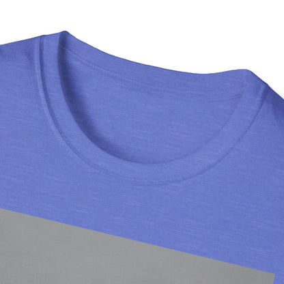 Close-up of a blue color-block T-shirt with a round neckline, showing blue upper body and a gray lower panel.