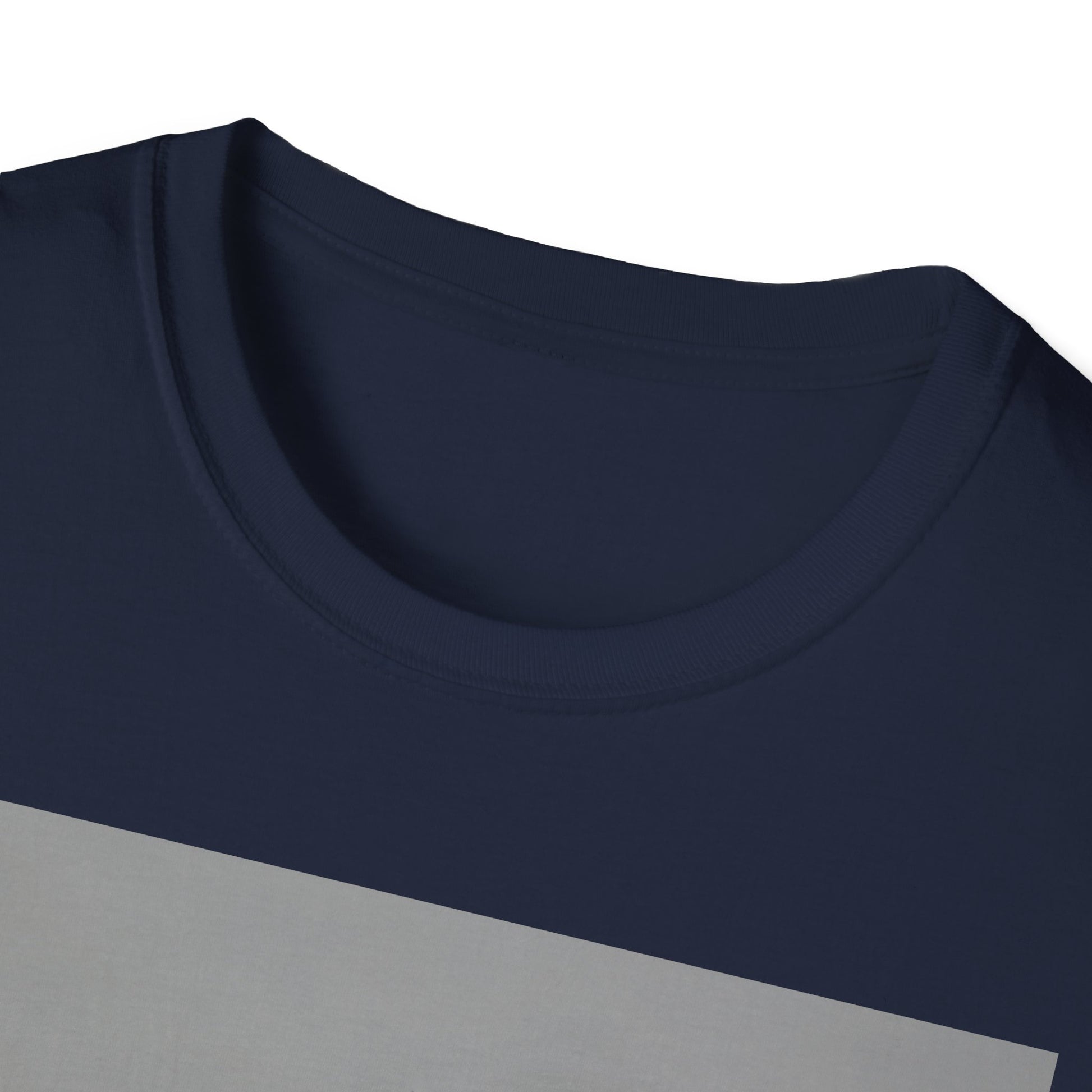 Close-up of a navy blue crew-neck T-shirt with a light gray diagonal stripe.