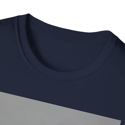 Close-up of a navy blue crew-neck T-shirt with a light gray diagonal stripe.