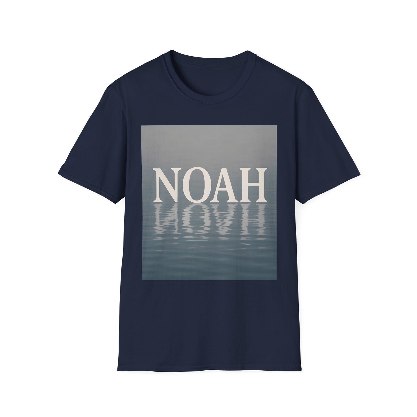 Navy short-sleeve T-shirt with a rectangular graphic featuring the word NOAH above a water reflection.
