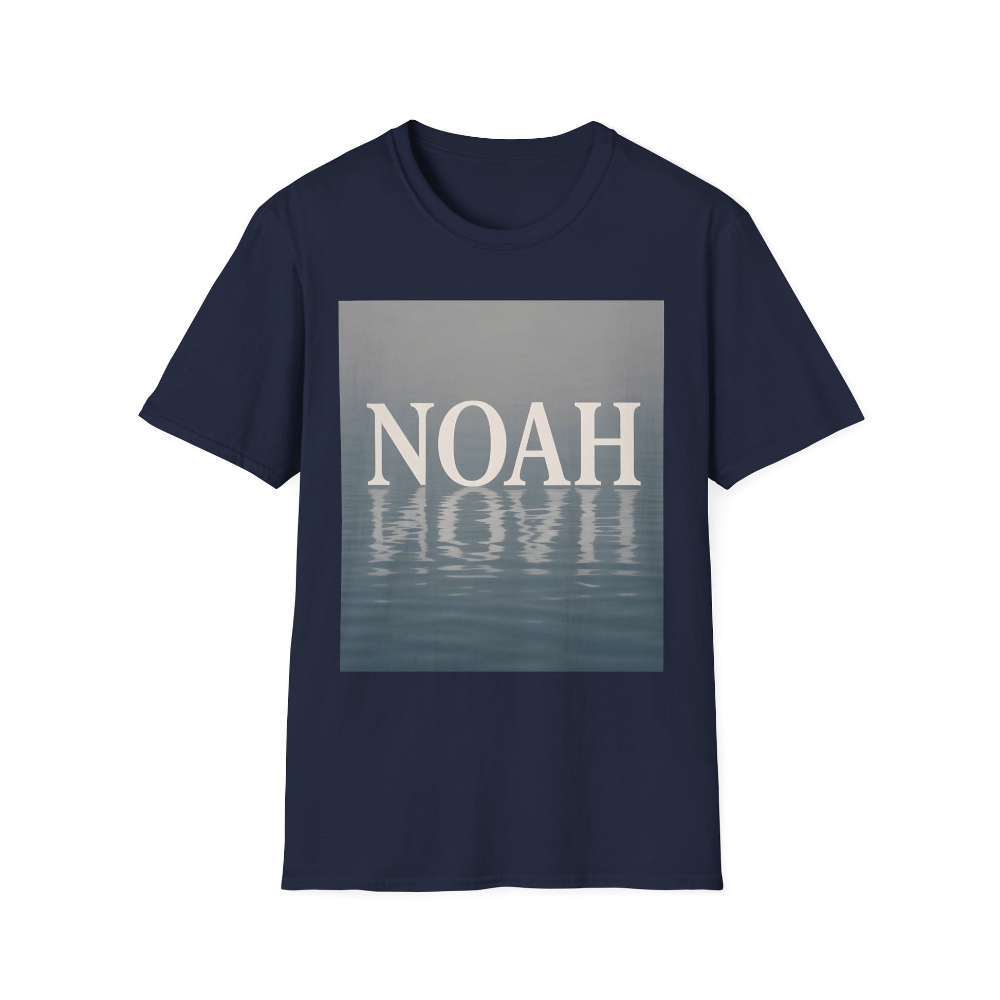 Navy short-sleeve T-shirt with a rectangular graphic featuring the word NOAH above a water reflection.