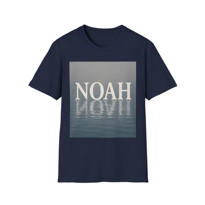 Navy short-sleeve T-shirt with a rectangular graphic featuring the word NOAH above a water reflection.