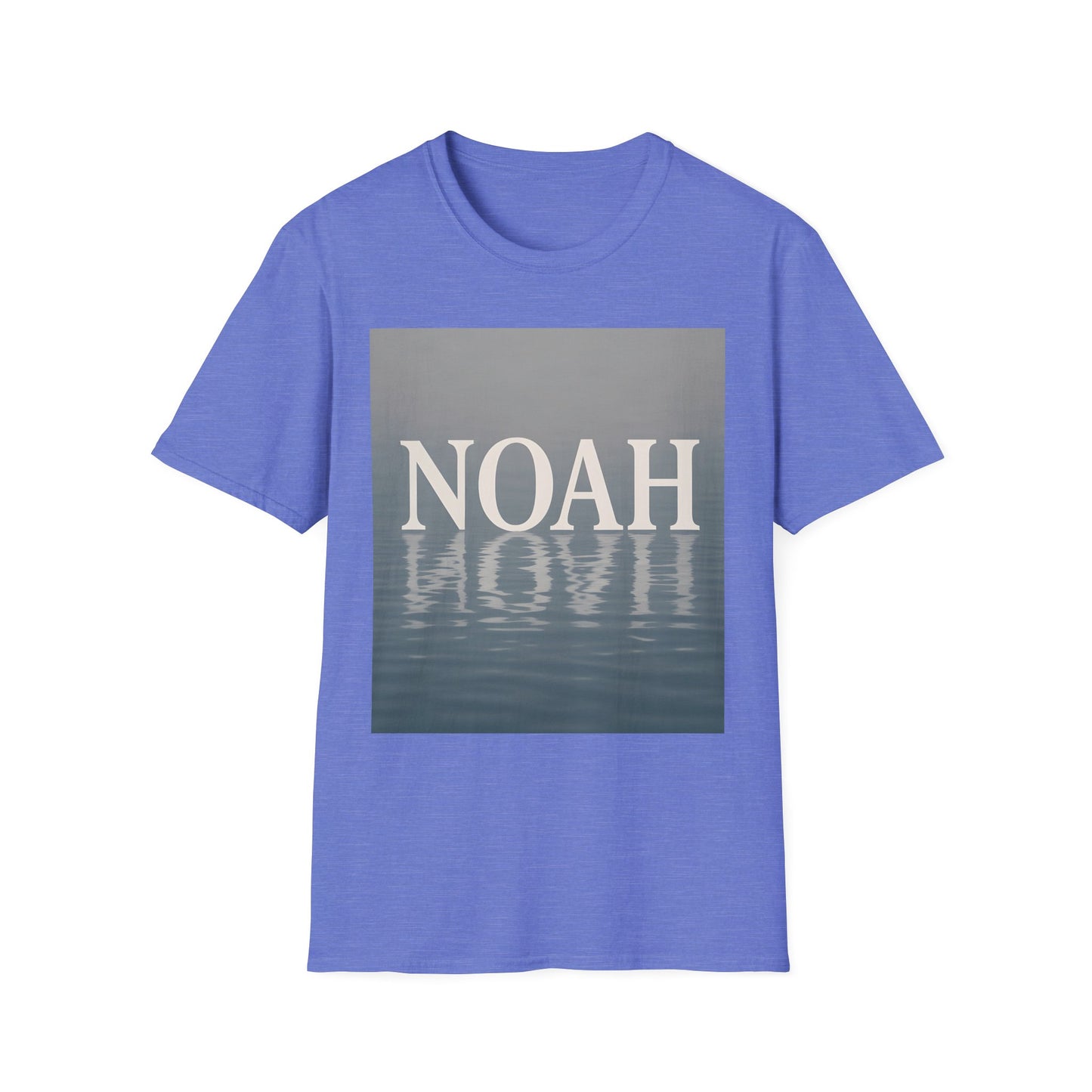 Blue short-sleeve T-shirt with a gray square graphic displaying the word NOAH in white above a water-reflection design.