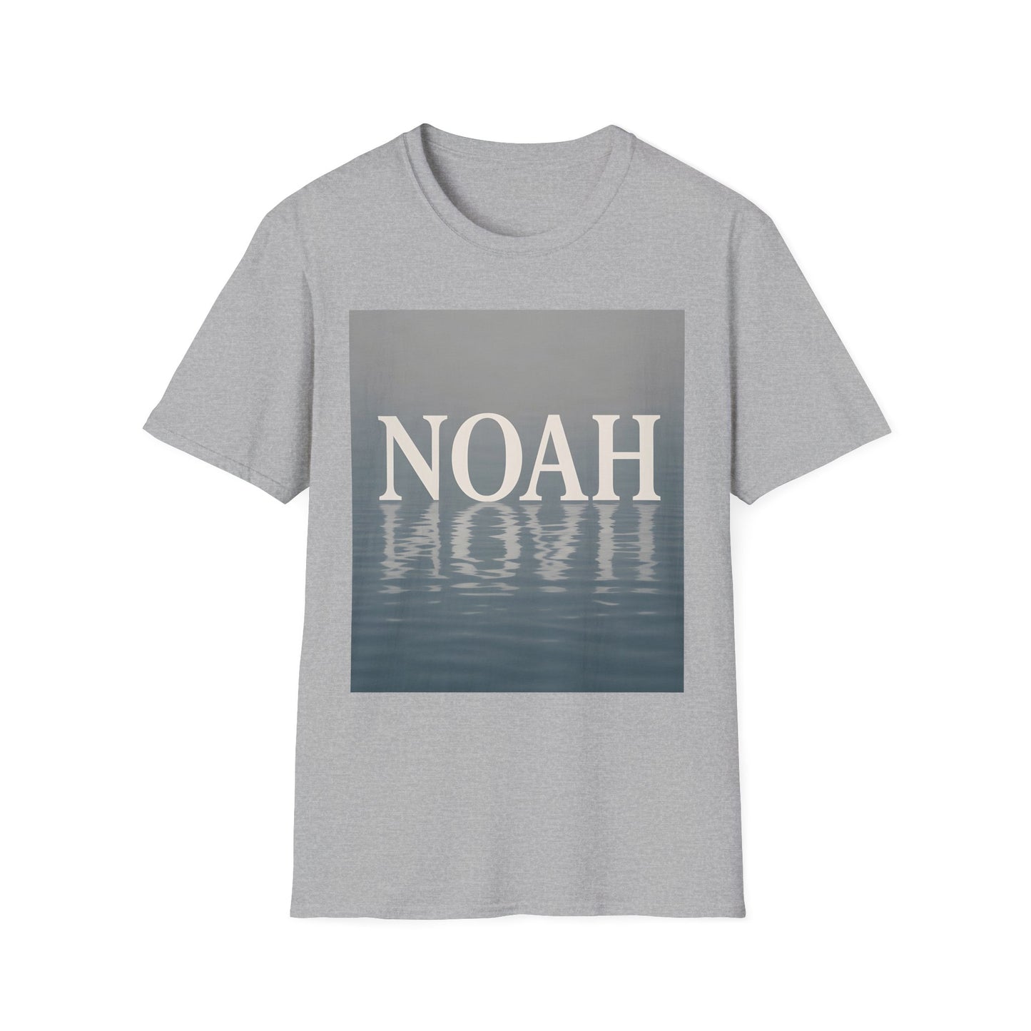 Gray heather short-sleeve T-shirt featuring a square graphic with the word NOAH above a water-reflection image.