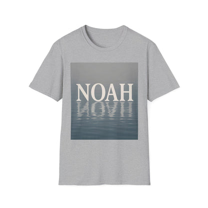 Gray heather short-sleeve T-shirt featuring a square graphic with the word NOAH above a water-reflection image.