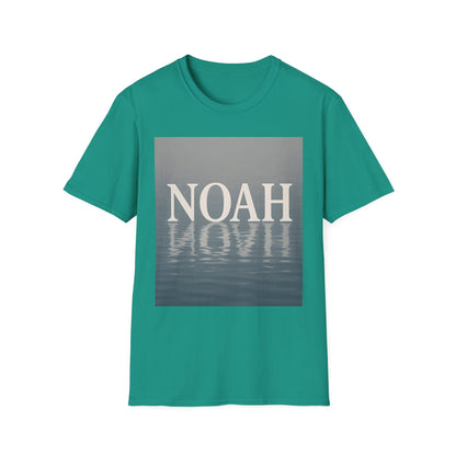 Teal T-shirt with a gray rectangle graphic displaying the word NOAH and a water reflection.