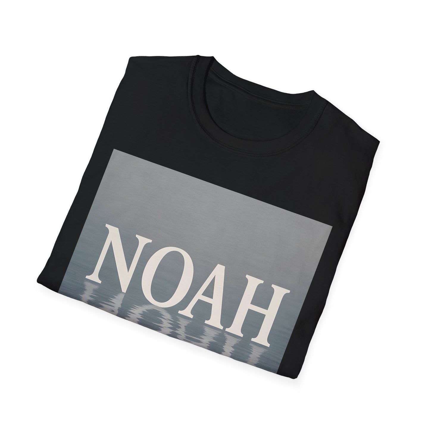 Black T-shirt with a gray rectangular panel displaying the word NOAH in white serif letters over a water-reflection pattern.