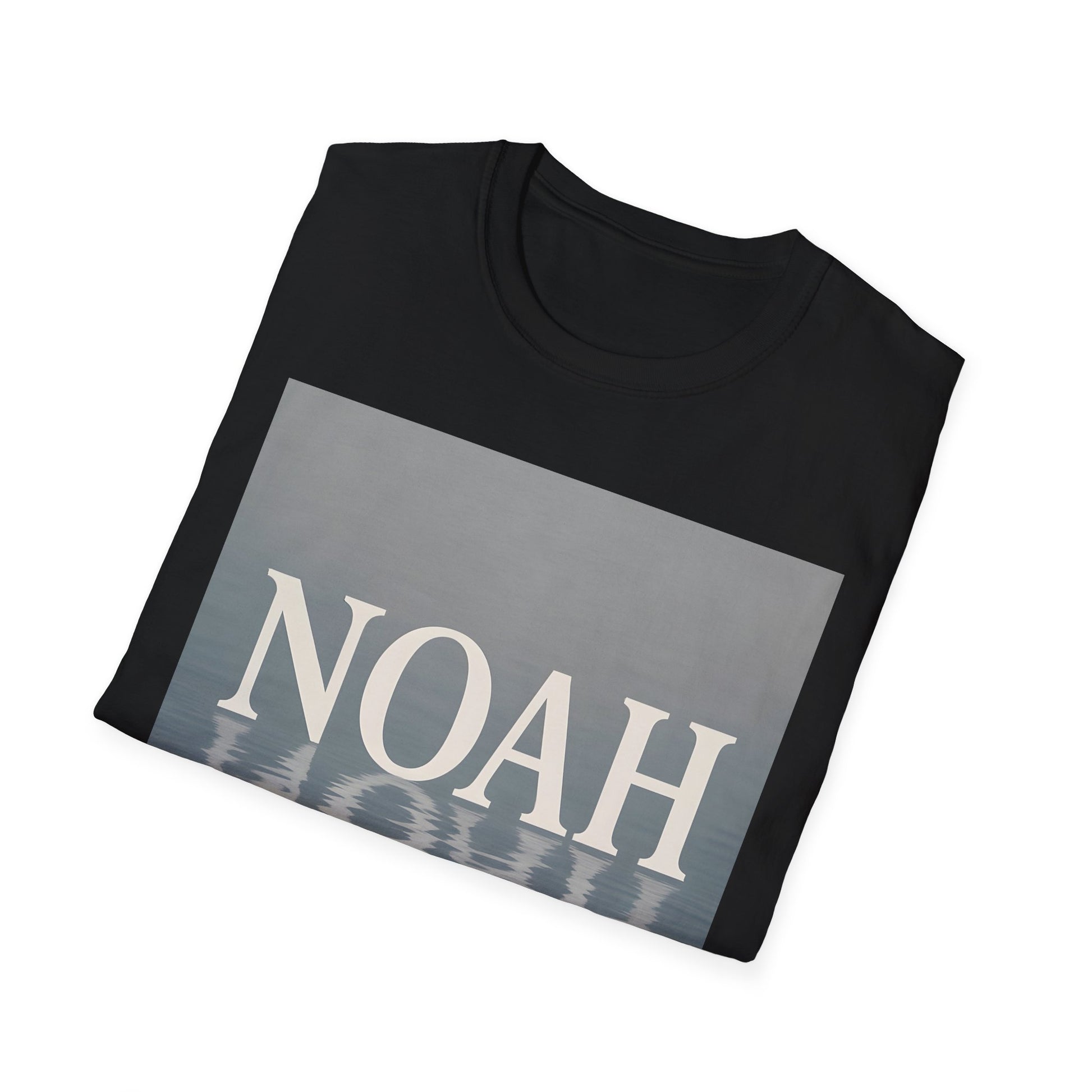 Black T-shirt with a gray rectangular panel displaying the word NOAH in white serif letters over a water-reflection pattern.
