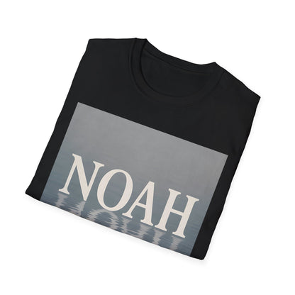 Black T-shirt with a gray rectangular panel displaying the word NOAH in white serif letters over a water-reflection pattern.