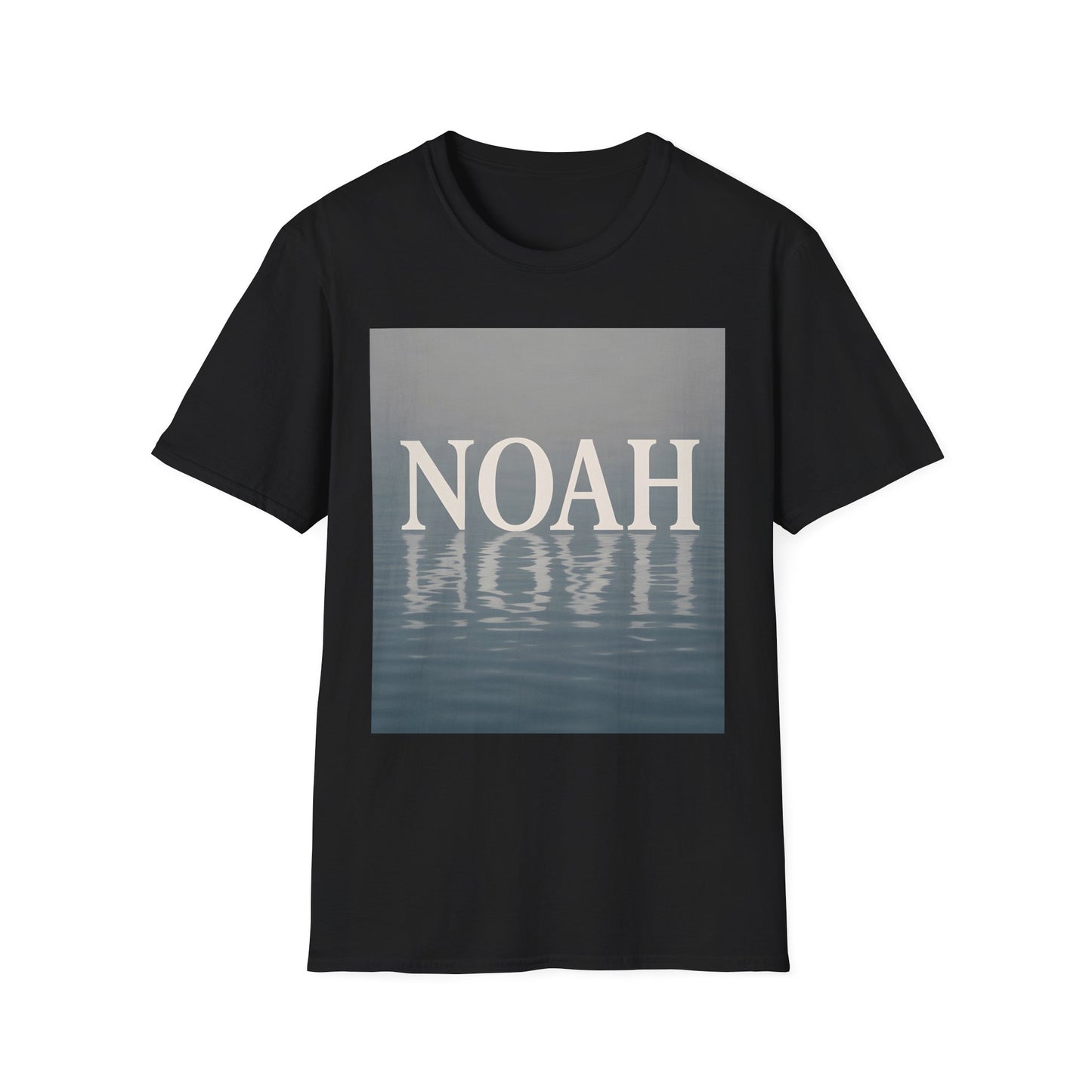 Black short-sleeve t-shirt with a rectangular gradient graphic of gray-to-blue water reflection and the word NOAH in large white letters.