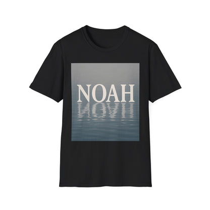 Black short-sleeve t-shirt with a rectangular gradient graphic of gray-to-blue water reflection and the word NOAH in large white letters.