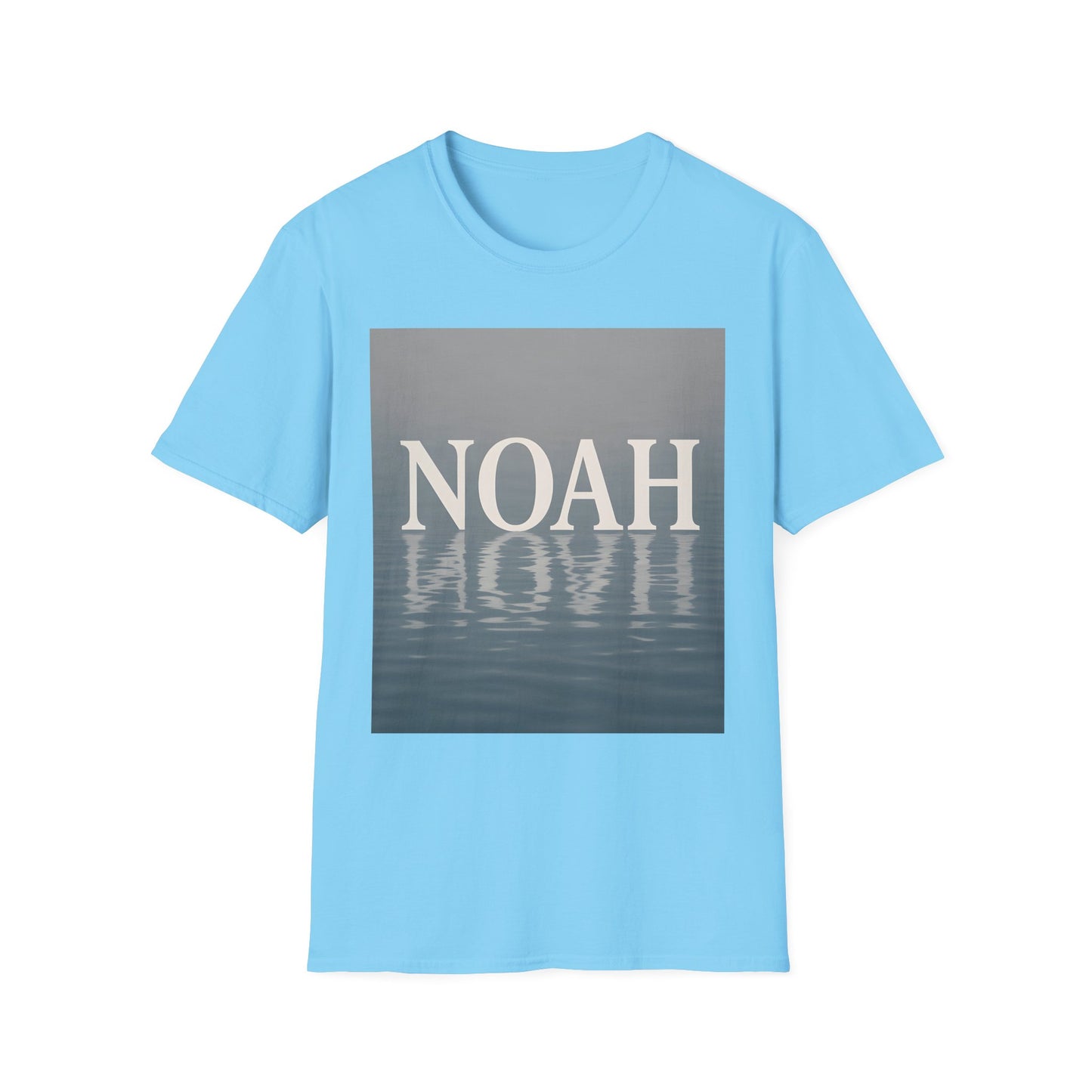 Blue short-sleeve T-shirt with a gray rectangle graphic displaying the white word NOAH above a water reflection.