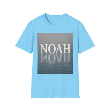 Blue short-sleeve T-shirt with a gray rectangle graphic displaying the white word NOAH above a water reflection.