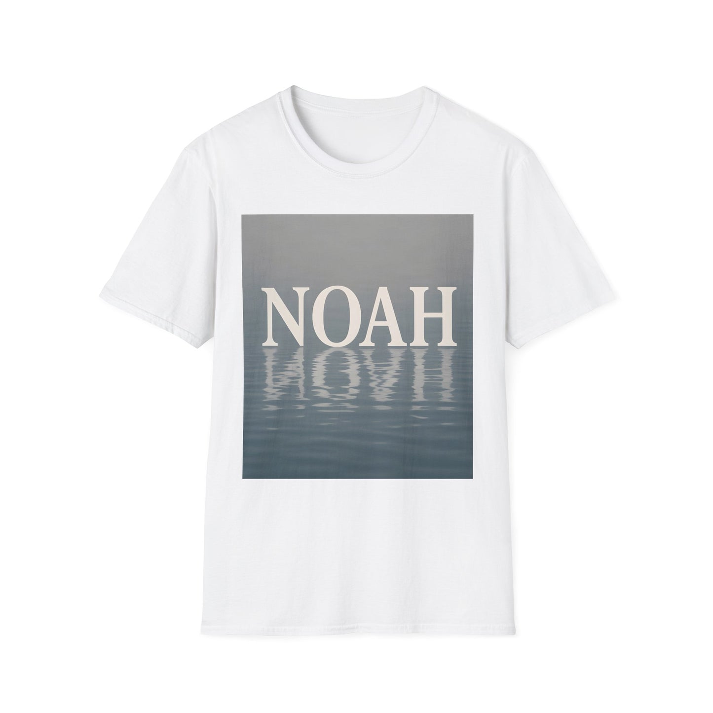 White short-sleeve T-shirt with a gray-blue square graphic showing the word NOAH above a water reflection.