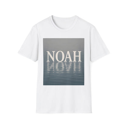 White short-sleeve T-shirt with a gray-blue square graphic showing the word NOAH above a water reflection.