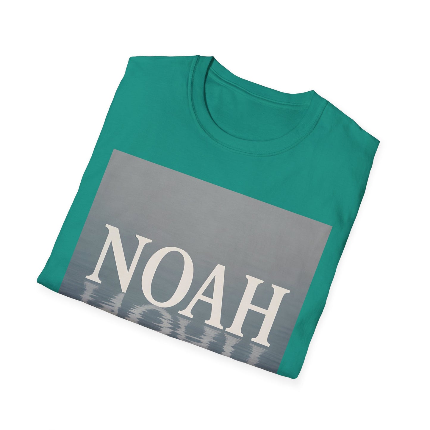 Teal crewneck T-shirt with a gray rectangular graphic saying “NOAH” in white, and a water-reflection effect at the bottom.