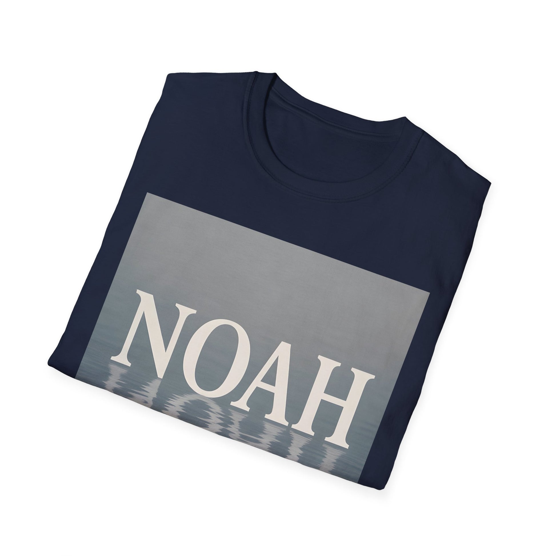 Navy blue crew-neck T-shirt featuring a large gray rectangle graphic with the white word NOAH and a water-reflection pattern at the bottom.