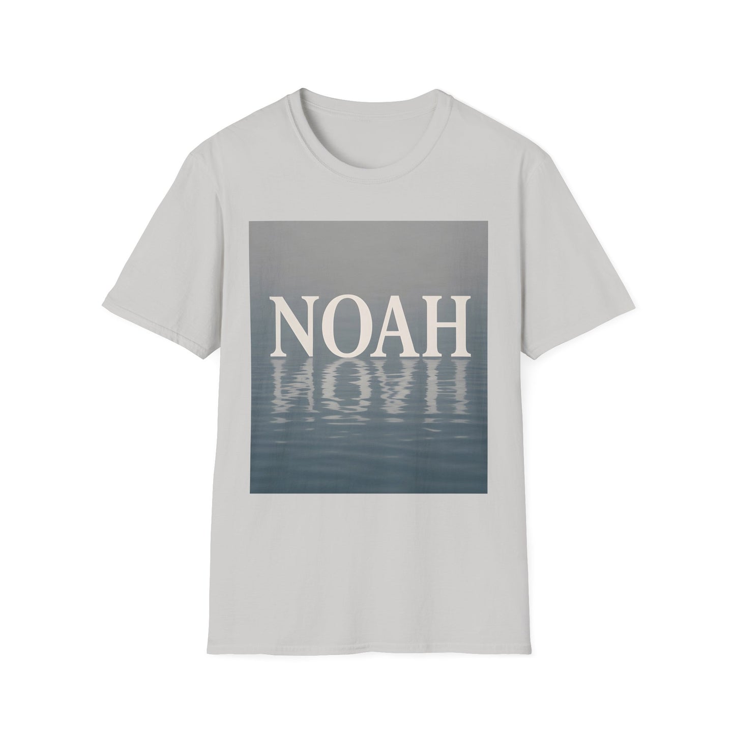Light gray T-shirt with a square graphic showing the word NOAH over a water-reflection image.